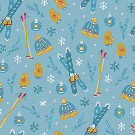 Seamless pattern with hats, mittens, Christmas baubles, skis with poles and snowflakes on blue background. Hand drawn vector illustration. Wrapping paper, greeting cards, textile design.のイラスト素材