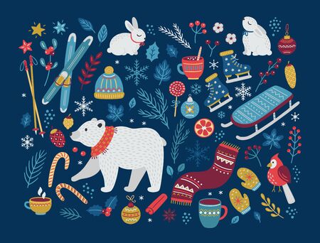 Christmas vector collection of design elements with polar bear, cones, berries, baubles, hot winter drinks, sweets, bunnies, ice skates, skis, leaves and snowflakes. Perfect for season decorations.のイラスト素材