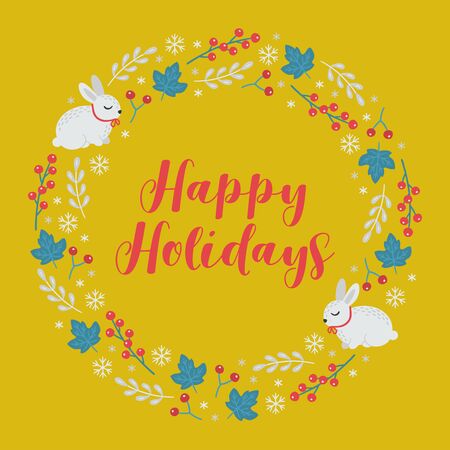 Christmas wreath with cute bunnies, berries, branches, leaves and snowflakes on yellow background. Perfect for greeting cards, holiday invitations.のイラスト素材