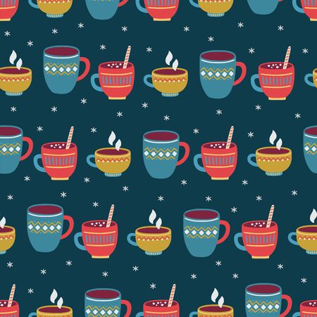 Christmas seamless pattern with hot winter drinks and snowflakes on dark cyan background. Hand drawn vector illustration. Wrapping paper, greeting cards, textile design.のイラスト素材
