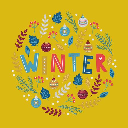 Christmas vector lettering. Hand drawn round composition on yellow background. Christmas greeting card with branches, baubles, leaves and berries. Holiday greeting cards, poster design.のイラスト素材