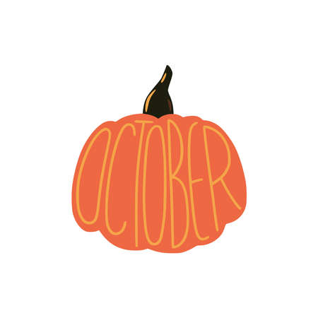 Halloween print with cute little pumpkin and simple October lettering on it. Hand drawn vector illustration. Halloween poster, banner, t-shirt design.のイラスト素材