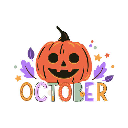 Halloween print with cute pumpkin. Vector hand drawn illustration and lettering. Halloween poster, banner, party decorations design.のイラスト素材