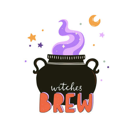Cute Halloween print with withes brew. Hand drawn vector illustration and lettering. Perfect for Halloween party decorations, poster design.のイラスト素材