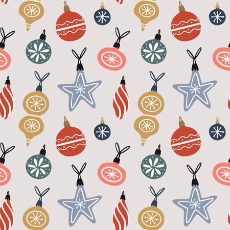 Seamless pattern with christmas ornaments, baubles, stars. Cute festive background. Hand drawn vector illustration.のイラスト素材