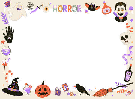 Halloween set with spooky characters, pumpkin and treats. Hand drawn illustrations and lettering in trendy doodle style. Vector elements for season decorations.のイラスト素材