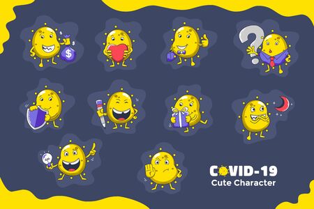 Yellow Covid-19 Coronavirus in actions. Businessman, money, idea, gift, protect and more poseのイラスト素材