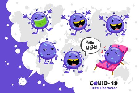Covid-19 Coronavirus inspiration design. Cute vector character of Coronavirus in the world. Smile and relax poseのイラスト素材