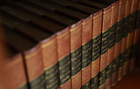 Jakarta, Indonesia-August 16, 2021: The old Funk & Wagnalls encyclopedia lined the bookshelf