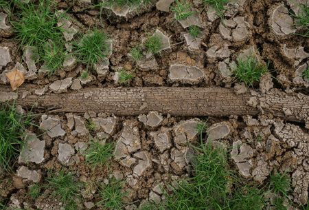 Dry cracked earth and green grass. Natural background. Top view.