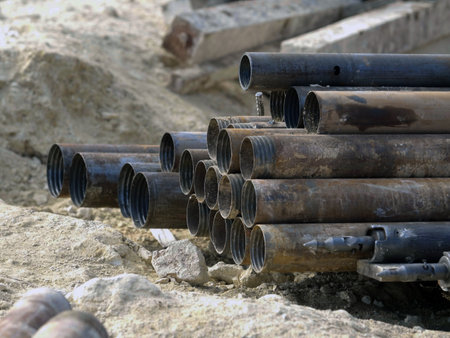 Pipes in a construction site, closeup of photo with selective focusの写真素材