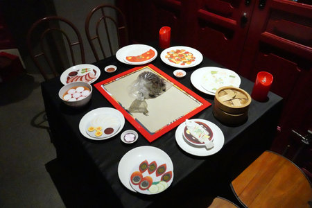 Korean traditional porcelain dishes in a restaurant, closeup of photoの写真素材