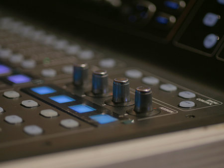 Close up of sound mixer control panel, shallow depth of field.