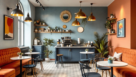 Interior design of a classic bar with blue furniture and orange wallsの素材