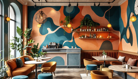 Interior of modern cafe with orange and blue walls, wooden floor, bar counter with coffee tables and yellow chairs. 3d renderingの素材