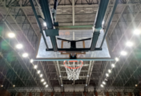 Basketball hoop in the hall of the sport club. Blurred backgroundの写真素材
