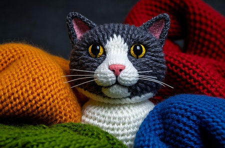 Cute cat with knitted clothes on a dark background, close upの素材