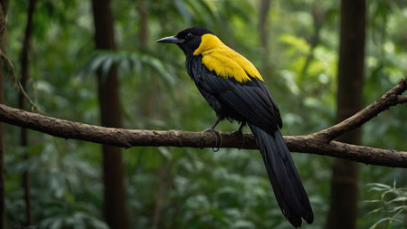 Black and yellow bird on a branch in the rainforest of Thailandの素材