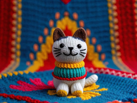 Handmade knitted woolen cat on a colorful embroidered backgroundの素材