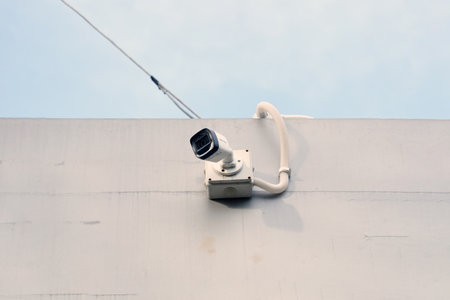 Surveillance camera on the roof of a building, blue sky