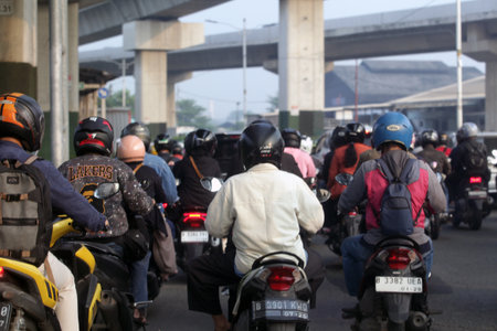 Motorcycle traffic jam on the road.