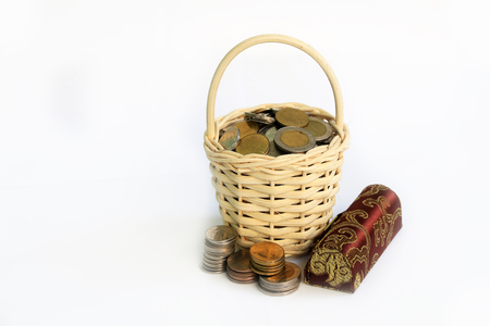 Thailand coins to saving money on white backgroundの写真素材