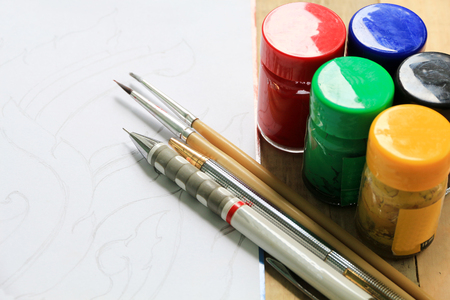 sketch drawing and painting watercolors with accessoriesの写真素材