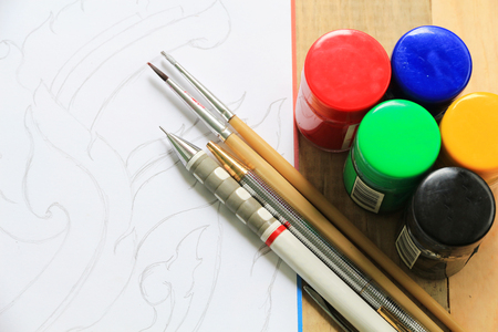 sketch drawing and painting watercolors with accessoriesの写真素材
