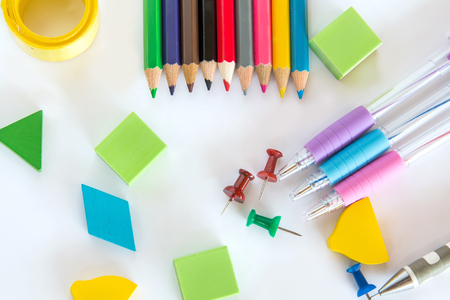 Group of graphite and color pencil, green rubber on white background with space copyの写真素材