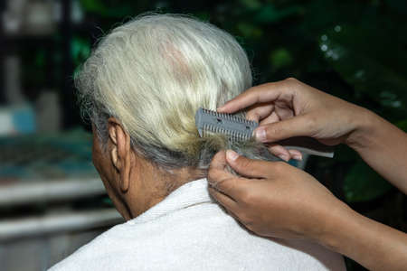 Hand of woman cutting her elderly mother's hair in nature at homeの写真素材