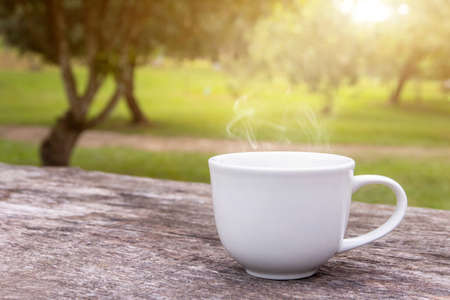 A white cup of hot espresso coffee mugs placed on a wooden floor with morning fog and garden with sunlight background,coffee morningの写真素材