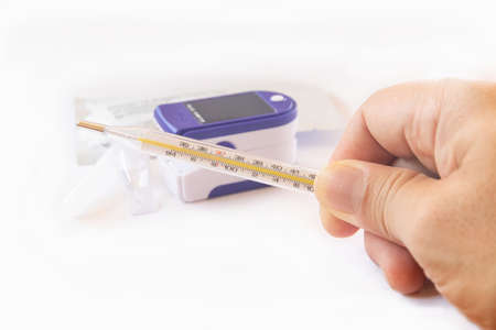 Patient examination equipment COVID-19, Prepare at home Isolate patients,oximeter,Thermometer,ATK test kitの写真素材
