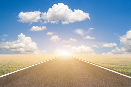 Road,black asphalt road and white line sign with green grass roadside and blue sky background,concept for next step.go onの写真素材