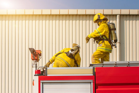 Firefighter training,Firefighters prepare equipment from fire trucks for fire hose drills in the factory.の写真素材