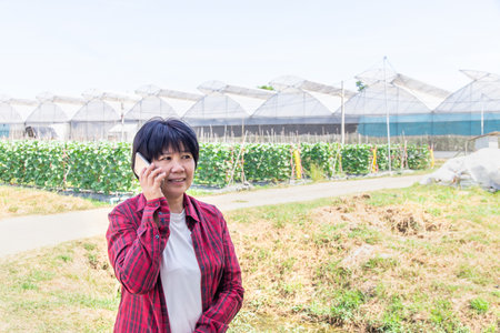 Beautiful female farmer holding smart phone and checking the quality of an organic melon that grown in the garden hydroponic system and information on the mobile phone in handの写真素材