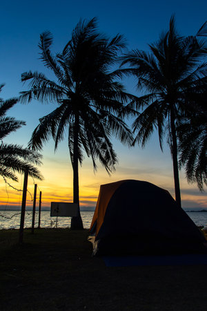 Beautiful view with palm trees at sunrise by the reservoir.Pitch a tent by the dam, Saraburi province, Thailand.の写真素材