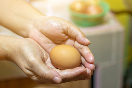 Chicken eggs in a woman's hand. Housewife is preparing eggs for cooking in the kitchen.の写真素材