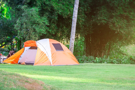 Beautiful tents set up in beautiful nature. Among the trees and green lawns For relaxing holidays and eco-tourism.の写真素材