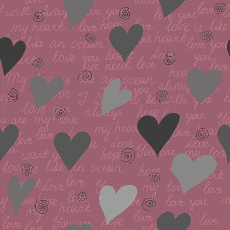 Seamless pattern made of hearts and romantic handwritten wordsのイラスト素材