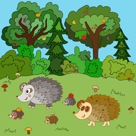 Family of hedgehogs walk on a forest gladeのイラスト素材