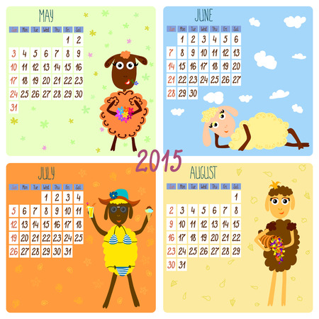 2015 calendar with funny sheep. Summer. Hand-drowing vector illustrationのイラスト素材