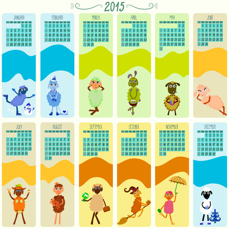 Calendar for 2015 with cartoon and funny sheep. Hand-drowing vector illustrationのイラスト素材