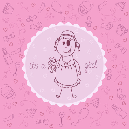 Cute baby girl announcement card. Vector illustrationのイラスト素材