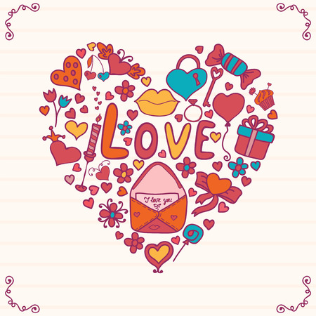 Romantic elements in the shape of heart. Vector illustrationのイラスト素材