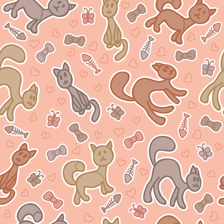 Cartoon seamless pattern with cute cats and hearts. Vector illustrationのイラスト素材