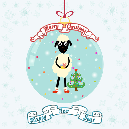 Christmas ball with cute sheep and Christmas tree. Merry Christmas and Happy New Year. Vector illustrationのイラスト素材