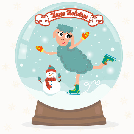 Christmas snow globe with funny sheep. Happy Holidays. Vector illustrationのイラスト素材