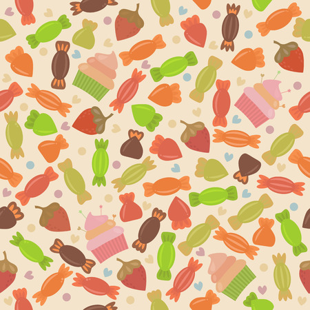 Seamless pattern with colored candies, cupcakes, strawberries and hearts. Vector illustrationのイラスト素材