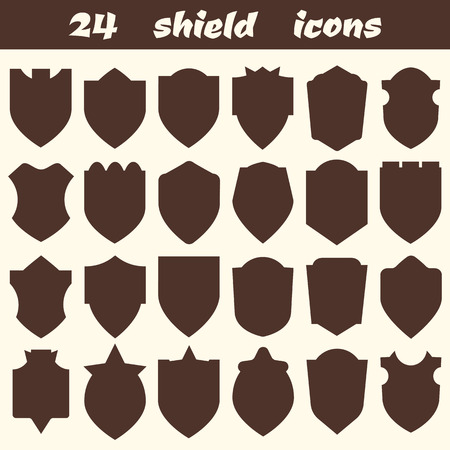 24 shield icons. Set of different shield shapes icons, borders, frames, labels, badges. Vector illustrationのイラスト素材