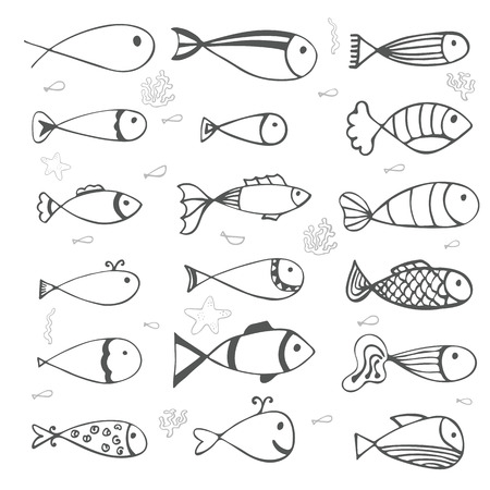 Fish collection on white background. Hand drawn style. Vector illustrationのイラスト素材